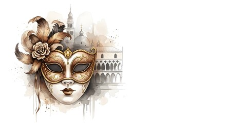 Elegant Venetian mask illustrated with floral details and architecture  