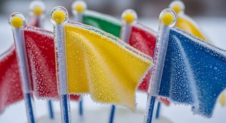 Colorful flags with water droplets on white background  