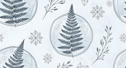 Fern and snowflake pattern on light blue background  