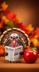 Turkey with glasses reading a newspaper next to apple. Festive autumn scene represents intelligence, knowledge, and Thanksgiving holiday.