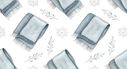 Cozy soft blue blankets in watercolor pattern on white background  