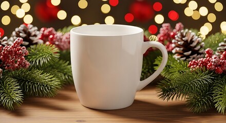 Obraz premium A white ceramic mug sits in front of a festive Christmas decoration with bokeh lights.