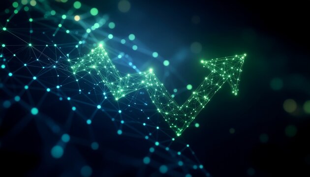 Digital rendering of a rising arrow made of luminous dots, symbolizing growth and progress