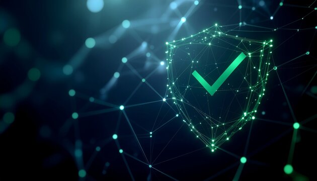 Abstract security concept featuring a digital shield with a check mark, representing protection and safety.