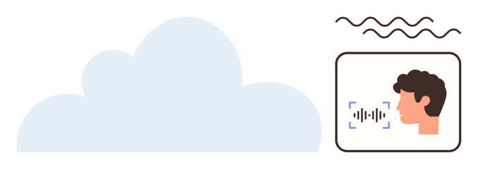Cloud and user profile with sound waves represent voice recognition and data storage. Ideal for AI, cloud computing, technology, speech analysis, voice command, virtual assistant, simple flat