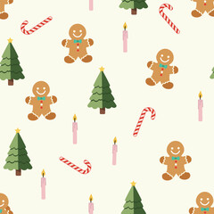 Christmas seamless pattern with gingerbread man, candy cane, christmas tree and candle holiday background for wrapping paper
