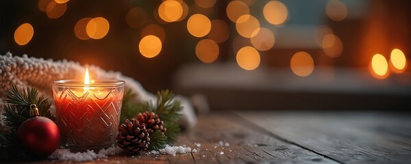 Burning candle and pine branch with red bauble sit on wooden table. Soft bokeh lights add cozy winter holiday atmosphere. Snowflakes dusted on rustic surface.