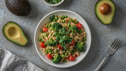 Fresh quinoa salad with broccoli, cherry tomatoes, and arugula served in a white bowl with avocado halves and a fork on a gray surface.