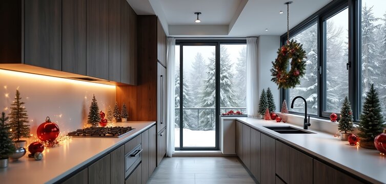 Modern kitchen indoors with snowy forest view through large window decorated for Christmas holidays. White countertops feature mini evergreen trees, red baubles, string lights creating festive