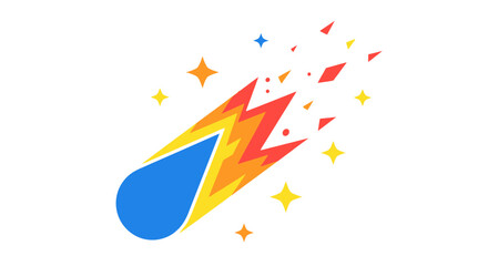 Colorful cartoon meteor with a fiery tail streaking across the sky.