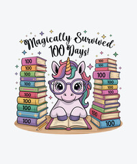 Cute Unicorn Reading Books – Magically Survived 100 Days Illustration