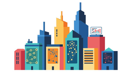 Colorful modern city skyline with skyscrapers illustration.