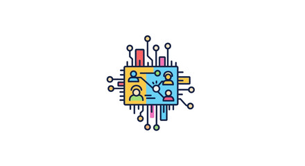 Digital circuit board with people icons representing teamwork and technology.