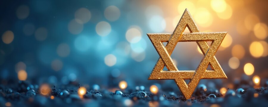 Golden Star of David symbol of Judaism shines on festive background. Religious Magen David decoration for Jewish holiday celebration. Blue gold bokeh lights create greeting card for Rosh Hashanah - Powered by Adobe