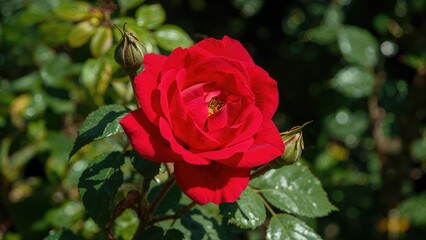 Red rose flower with green foliage background.