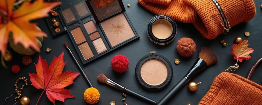 Autumn themed makeup set on black table. Cosmetics include eyeshadow palette, powder, brushes. Orange sweater, handbag, leaves, golden beads alongside professional beauty items. Fall colors, seasonal - Powered by Adobe