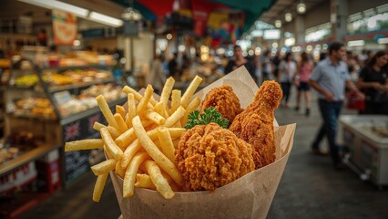 Fast food with French fries and fried chicken in a shopping mall. Food and cuisine, concept. Casual dining and snacking. The idea of quick meals and comfort food.