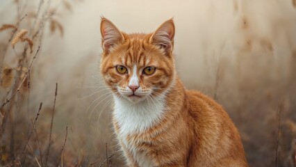 Obraz premium A ginger cat with white chest and paws in a natural outdoor setting.