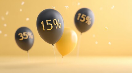 Colorful balloons with discount percentages 15, 35 floating against a soft yellow background, creating a festive atmosphere for promotional events and celebrations