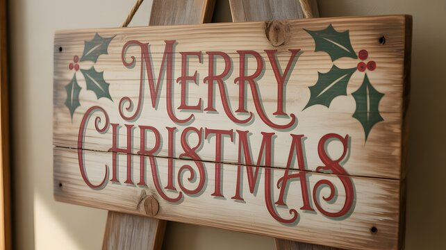 Rustic Merry Christmas Wood Sign Close-up – Festive Holiday Home Decor – Traditional Red and Green Text with Joy on Weathered Timber Planks – Handmade Xmas Welcome Display – Seasonal Vertical Portrait