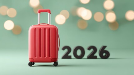 Bright red suitcase stands prominently in front of bold numbers representing the year 2026, creating a vibrant travel-themed visual concept