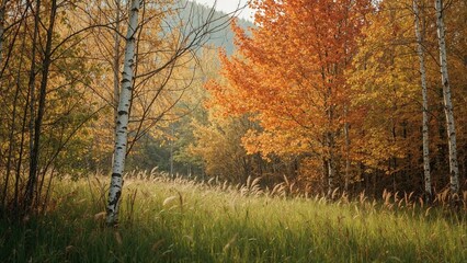 Fototapeta premium Autumn forest scene with trees and grass in fall colors. Nature, trees, and landscape. The scene of a forest in autumn.