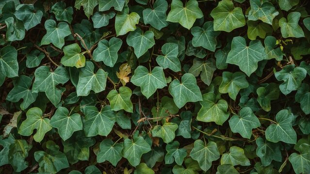 Dense green ivy leaves covering a wall, creating a lush natural covering.