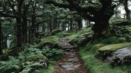 A winding stone path through a lush, green forest.