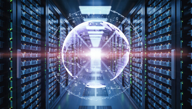 Data center with a globe in the middle, symbolizing global data processing and connectivity. The server racks show technological infrastructure 