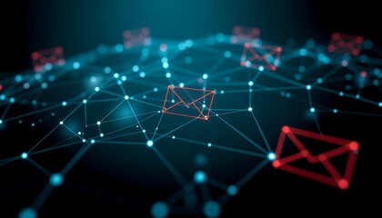 Digital network of emails floating in cyberspace, symbolizing modern communication and online correspondence. The interconnectedness of the digital world, data transfer and secure messaging. 