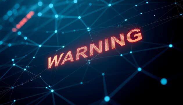 A digital warning message displayed against a network background, signifying alert or caution. The word WARNING is prominently displayed