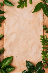 Antique crinkled parchment paper texture with fresh green leaf border, vertical rustic nature background with copy space for vintage letters, eco friendly concepts, and organic designs.