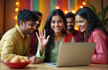 Indian colleagues celebrate Diwali festival, video call on laptop in office. Woman waves, team smiles happily. Enjoy festive gathering, connecting online. Happy group shares joyous cultural moment,
