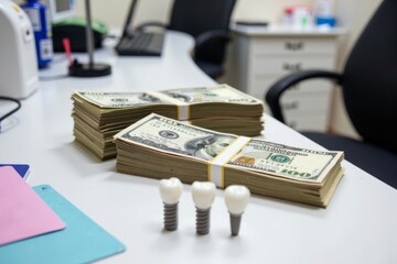Cash, Dental Insurance Cards, and Tooth Implant Samples Covering the Dental Office Service Desk