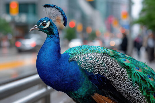 Peacock displays vibrant colors on urban street during a sunny day - Powered by Adobe