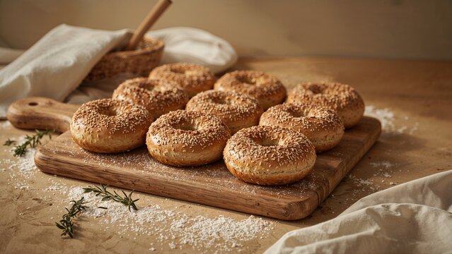 Freshly baked bread rolls on a wooden cutting board with sesame seeds, herbs, and baking tools in the background.