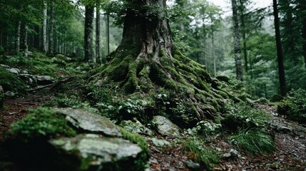 Fototapeta premium Ancient Forests Majestic Tree Roots and Lush Greenery.