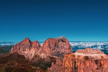Fototapeta premium Panoramic view from the Dolomite Terrace of the Langkofel Group massif in South Tyrol, Italy.