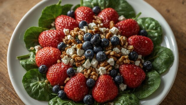 Fresh strawberries and blueberries on a bed of lettuce on a white plate with nuts and seeds, arranged in a visually appealing manner.