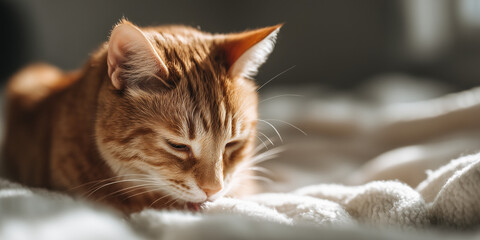 Orange cat resting on a soft blanket, bathed in gentle sunlight with a peaceful expression