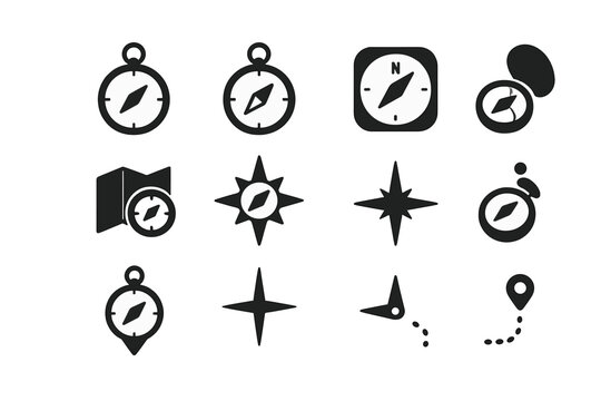 Navigation silhouette icon set. featuring compass, map, star, location, direction, and navigation symbols