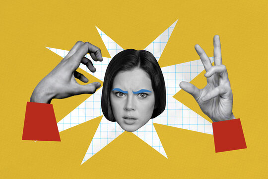 Sketch template design 3D photo collage composite of hand gesture catch woman head confused colored brows abuse pressure bullying victim