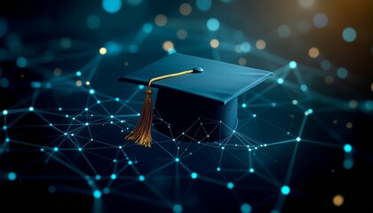 A graduation cap floating amidst a network of glowing lines, symbolizing the modern education and academic achievement.
