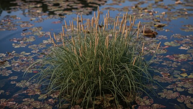 A cluster of tall grasses growing in water amidst floating leaves and debris.