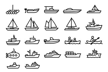 A set of 24 black and white linear icons of water transport in thin line art style (thin black outlines, no fill). All icons are vector, minimalistic, clean.