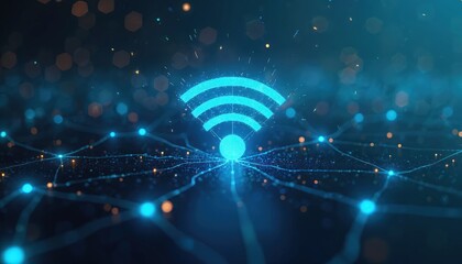 Blue wifi icon abstract illustration. Digital network connection concept. Wireless signal data transfer backdrop. Technology wallpaper glowing with sparkles. Telecoms industry trends. Modern tech