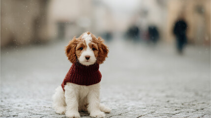 cheerful dog wearing festive christmas sweater sits happily on doorstep essence of holiday joy
