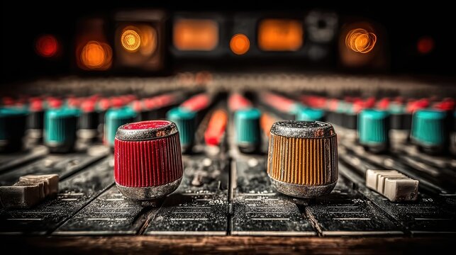 Close-up of a professional audio mixing console in a recording studio.