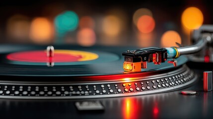 Close-up of a vinyl record player with a colorful background.