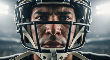 Close-up portrait of a Focused African American football player in helmet intensely looking forward under stadium lights, embodying determination and strength.
